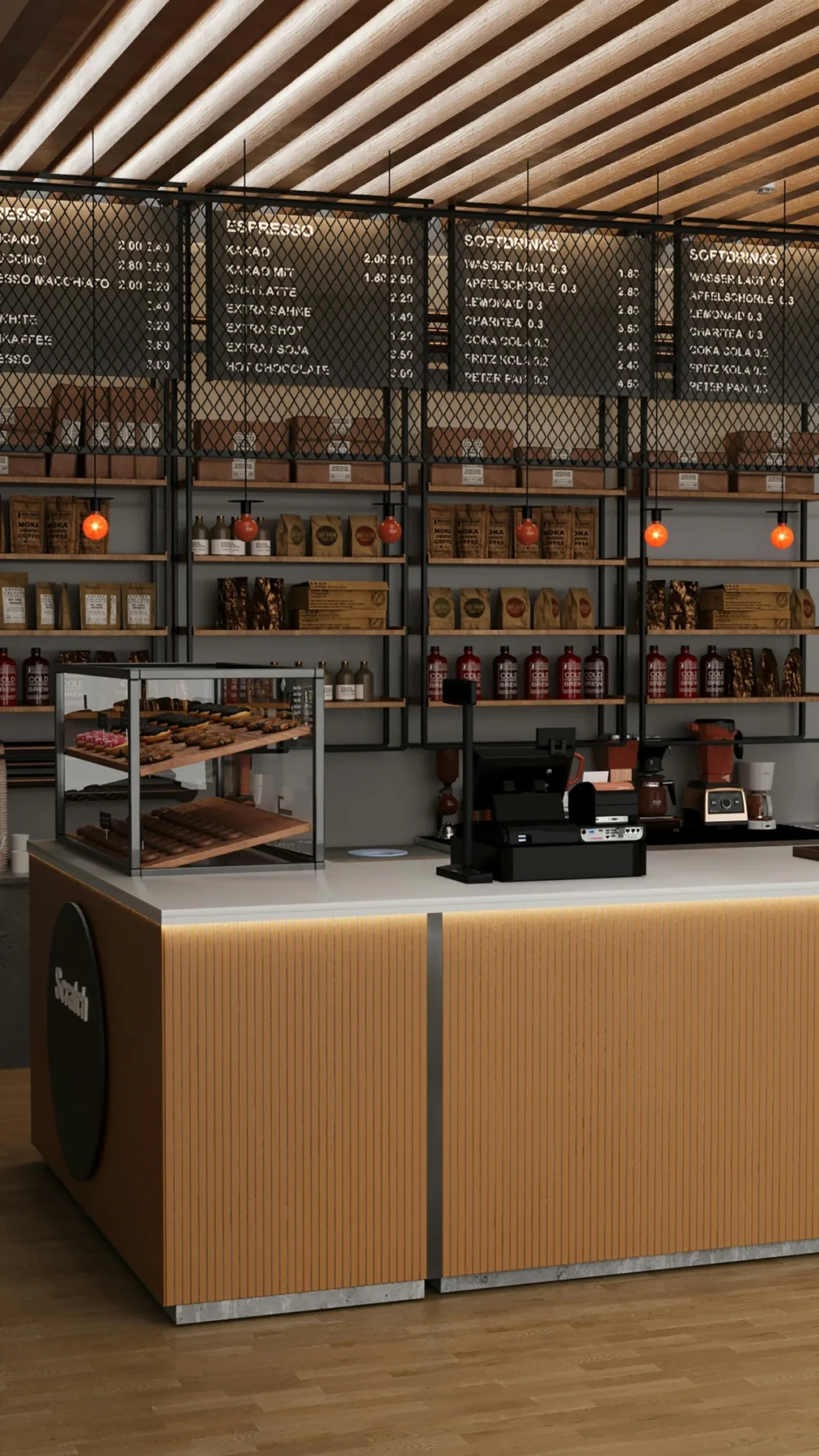 Hospitality bar with warm lighting, natural materials and planted details