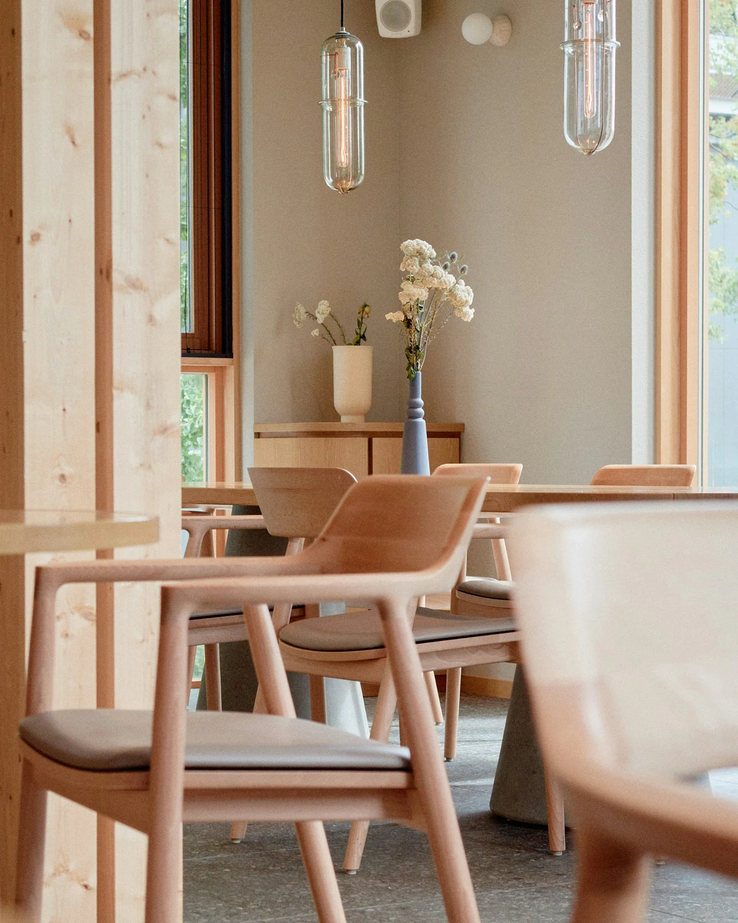 Calm light timber café interior