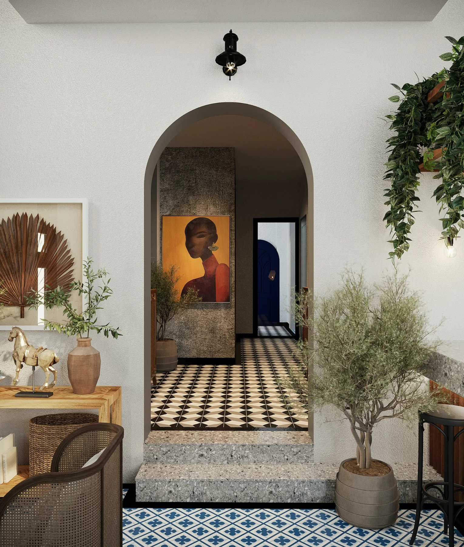 Refined hospitality interior with planting, arched doorway and patterned flooring